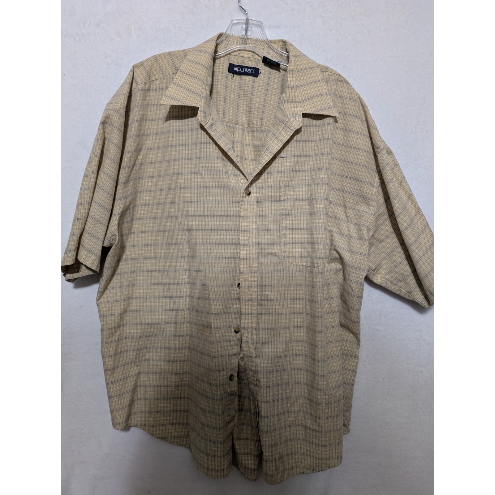 Puritan Mens Xl Short Sleeve Button Down Shirt Tan Blue Plaid Grid Camp Collar